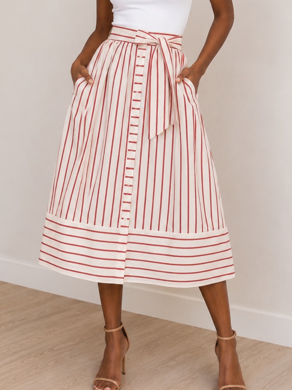 eva mendes for New York & Company Cream and Red Striped Button-Front Skirt